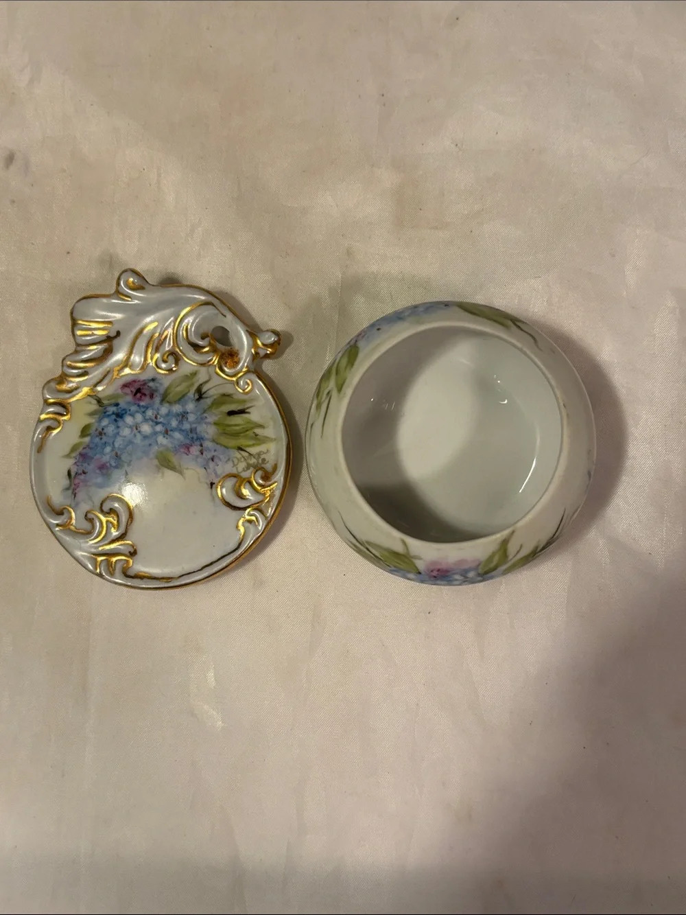 Porcelain Trinket Box with Hand-Painted Blue Floral and Gold Scrolls